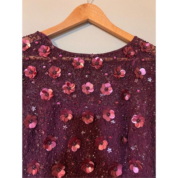 Adrianna Papell Sz 6 Floral 3D Sequin Ball Gown Maroon Sparkle High Slit Formal - Picture 10 of 16